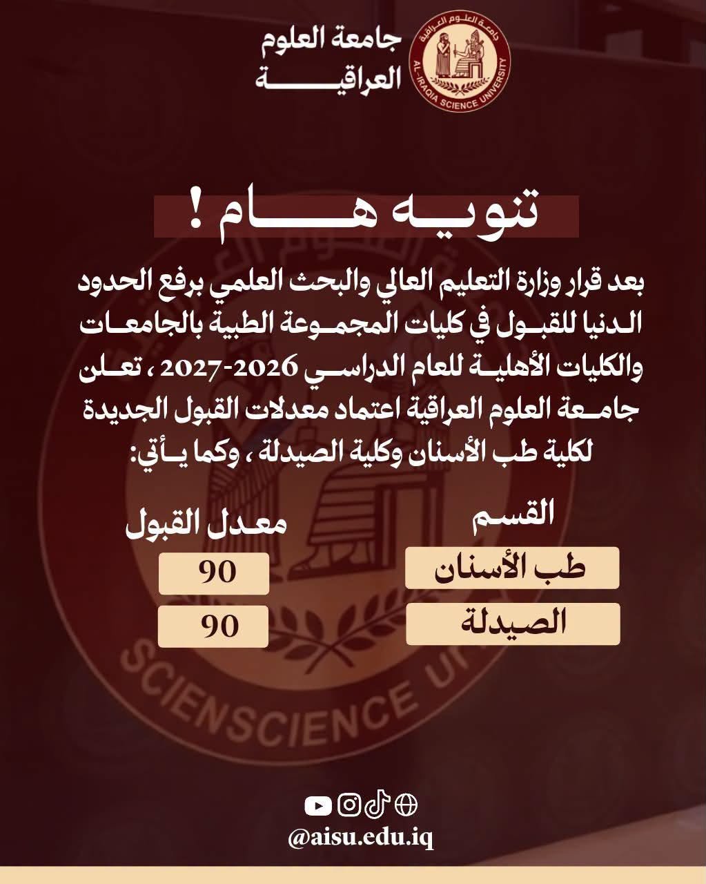 «تحديث مهم | معدلات القبول الجديدة في كليتي طب الأسنان والصيدلة»